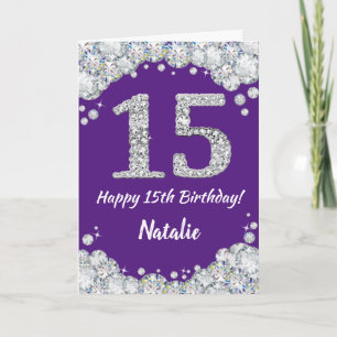 Happy 15th Birthday Paars en Silver Glitter Card Kaart