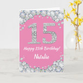 Happy 15th Birthday Pink en Silver Glitter Card Kaart (Gele Bloem)
