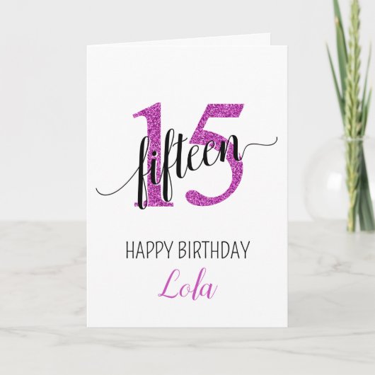 Happy 15th Birthday Pink Glitter Girly Kaart (Voorkant)