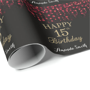 Happy 15th Birthday Red Black en Gold Glitter Cadeaupapier