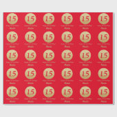 Happy 15th Birthday Red en Gold Glitter Cadeaupapier (Vlak)