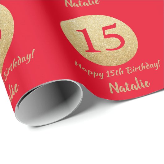 Happy 15th Birthday Red en Gold Glitter Cadeaupapier (Rol Hoek)