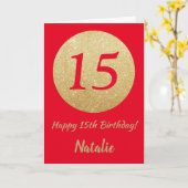 Happy 15th Birthday Red en Gold Glitter Card Kaart (Gele Bloem)