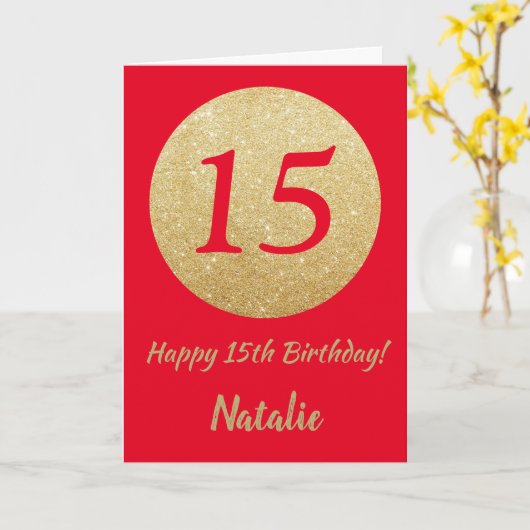 Happy 15th Birthday Red en Gold Glitter Card Kaart (Gele Bloem)