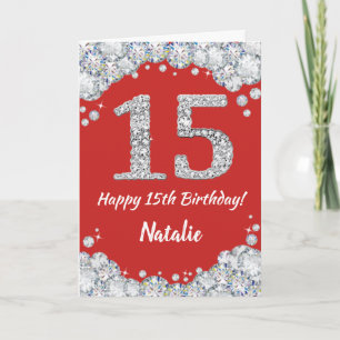 Happy 15th Birthday Red en Silver Glitter Card Kaart