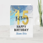 Happy 15th Birthday Waterverf Blue & Gold Boy Kaart (Voorkant)