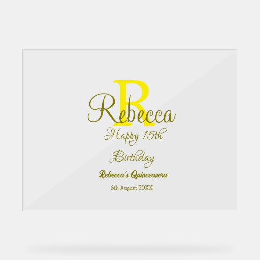Happy 15th Birthday yellow naam toevoegen monogram Acryl Bord (Voorkant)