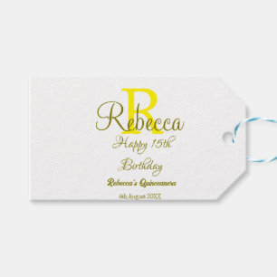 Happy 15th Birthday yellow naam toevoegen monogram Cadeaulabel