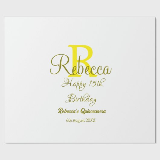 Happy 15th Birthday yellow naam toevoegen monogram Cadeaupapier (Vlak)