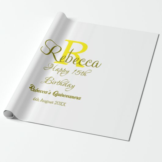 Happy 15th Birthday yellow naam toevoegen monogram Cadeaupapier (Uitgerold)