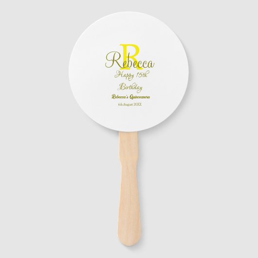 Happy 15th Birthday yellow naam toevoegen monogram Handwaaier (Voorkant)
