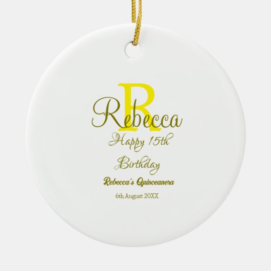 Happy 15th Birthday yellow naam toevoegen monogram Keramisch Ornament (Voorkant)