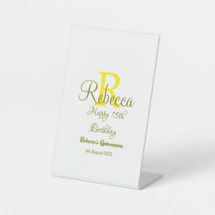 Happy 15th Birthday yellow naam toevoegen monogram Reclamebord Met Voetstuk
