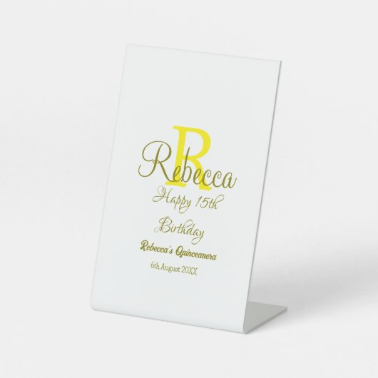 Happy 15th Birthday yellow naam toevoegen monogram Reclamebord Met Voetstuk (Voorkant)