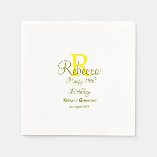 Happy 15th Birthday yellow naam toevoegen monogram Servet (Voorkant)