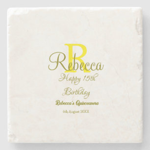 Happy 15th Birthday yellow naam toevoegen monogram Stenen Onderzetter