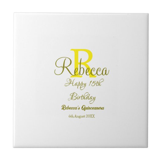 Happy 15th Birthday yellow naam toevoegen monogram Tegeltje (Voorkant)