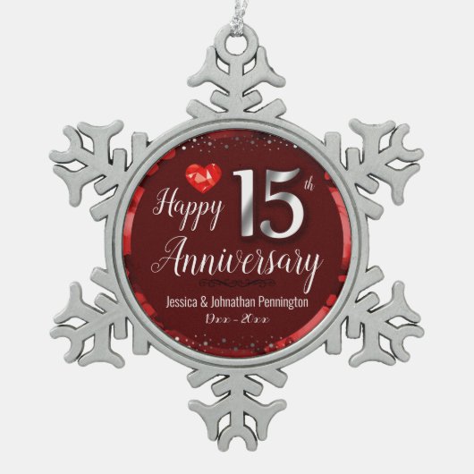 Happy 15th Wedding Jubileum Tin Sneeuwvlok Ornament (Voorkant)