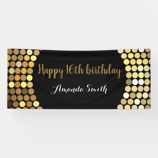 Happy 16th Birthday Banner Black en Gold Glitter (Horizontaal)