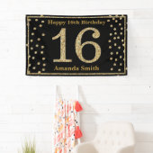 Happy 16th Birthday Banner Black en Gold Glitter (Insitu)