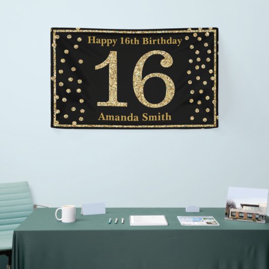 Happy 16th Birthday Banner Black en Gold Glitter (Beurs)