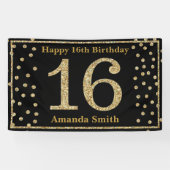 Happy 16th Birthday Banner Black en Gold Glitter (Horizontaal)