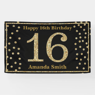 Happy 16th Birthday Banner Black en Gold Glitter