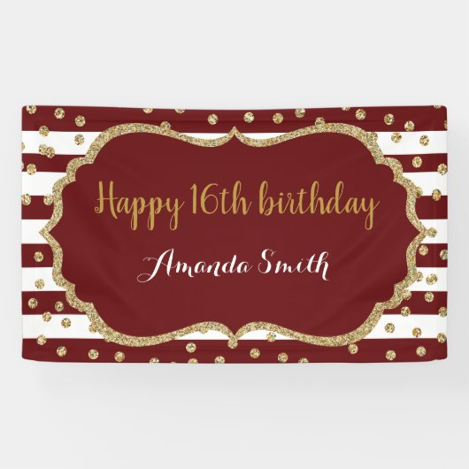 Happy 16th Birthday Banner Burgundy Gold Glitter (Horizontaal)