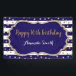 Happy 16th Birthday Banner Navy Blue Gold Glitter<br><div class="desc">Fijne 16e verjaardag banner voor vrouwen of man. Navy Blue en Gold Birthday Party Banner. Glitter Confetti. Zwarte en witte strepen. Afdrukbaar digitaal. Voor verdere aanpassing,  te klikken gelieve de knoop "van de Aanpassing het"en ons ontwerphulpmiddel te gebruiken om deze sjabloon te wijzigen.</div>