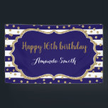 Happy 16th Birthday Banner Navy Blue Gold Glitter<br><div class="desc">Fijne 16e verjaardag banner voor vrouwen of man. Navy Blue en Gold Birthday Party Banner. Glitter Confetti. Zwarte en witte strepen. Afdrukbaar digitaal. Voor verdere aanpassing,  te klikken gelieve de knoop "van de Aanpassing het"en ons ontwerphulpmiddel te gebruiken om deze sjabloon te wijzigen.</div>