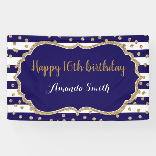 Happy 16th Birthday Banner Navy Blue Gold Glitter (Horizontaal)