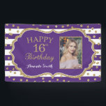 Happy 16th Birthday Banner Paars Gold Photo<br><div class="desc">Fijne 16e verjaardag banner voor vrouwen of man. Paarse en goudfeestdag. Glitter Confetti. Zwarte en witte strepen. Afdrukbaar digitaal. Voor verdere aanpassing,  te klikken gelieve de knoop "van de Aanpassing het"en ons ontwerphulpmiddel te gebruiken om deze sjabloon te wijzigen.</div>