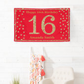 Happy 16th Birthday Banner Red en Gold Glitter (Insitu)