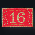 Happy 16th Birthday Banner Red en Gold Glitter<br><div class="desc">Fijne 16e verjaardag Banner Red en Gold Glitter Confetti. Afdrukbaar digitaal. Voor verdere aanpassing,  te klikken gelieve de knoop "van de Aanpassing het"en ons ontwerphulpmiddel te gebruiken om deze sjabloon te wijzigen.</div>