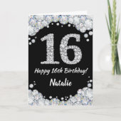 Happy 16th Birthday Black en Silver Glitter Card Kaart (Voorkant)