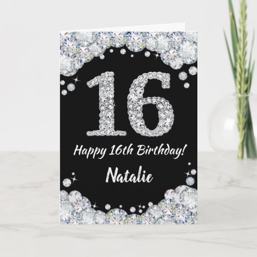 Happy 16th Birthday Black en Silver Glitter Card Kaart (Voorkant)
