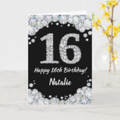 Happy 16th Birthday Black en Silver Glitter Card Kaart (Gele Bloem)