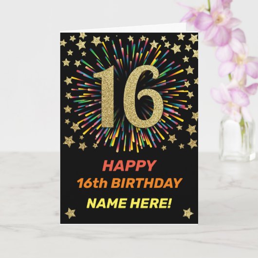Happy 16th Birthday Black & Gold Rainbow Fireworks Kaart (Orchidee)