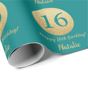 Happy 16th Birthday Blauwgroen en Gold Glitter Cadeaupapier