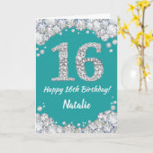 Happy 16th Birthday Blauwgroen en Silver Glitter C Kaart (Gele Bloem)