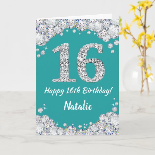 Happy 16th Birthday Blauwgroen en Silver Glitter C Kaart (Gele Bloem)