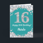 Happy 16th Birthday Blauwgroen en Silver Glitter C Kaart<br><div class="desc">Happy 16th Birthday Blauwgroen Turquoise Aqua en Silver Glitter Card met persoonlijke naam. Voor verdere aanpassing,  te klikken gelieve de knoop "van de Aanpassing het"en ons ontwerphulpmiddel te gebruiken om deze sjabloon te wijzigen.</div>