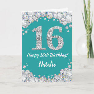 Happy 16th Birthday Blauwgroen en Silver Glitter C Kaart