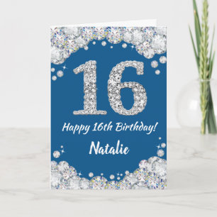 Happy 16th Birthday Blue en Silver Glitter Card Kaart