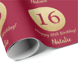 Happy 16th Birthday Burgundy Red en Gold Glitter Cadeaupapier
