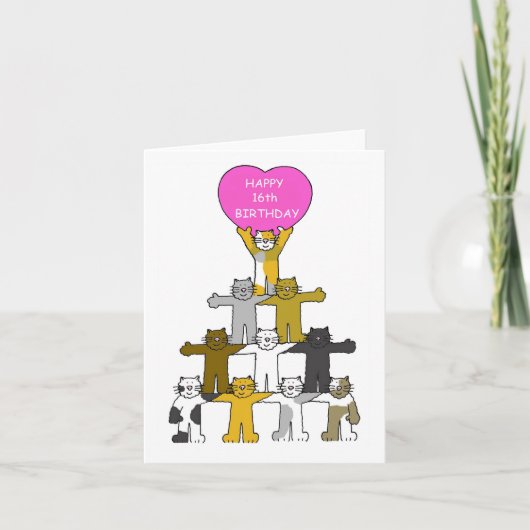 Happy 16th Birthday Cartoon Cats Kaart (Voorkant)