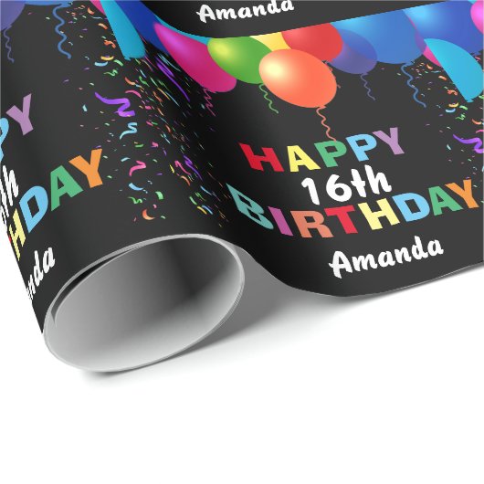 Happy 16th Birthday Colorful Balloons Black Cadeaupapier (Rol Hoek)