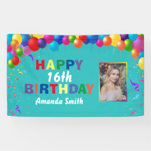 Happy 16th Birthday Colorful Balloons Blauwgroen Spandoek