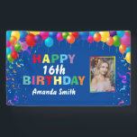 Happy 16th Birthday Colorful Balloons Blue Spandoek<br><div class="desc">Fijne 16e verjaardag kleurrijke ballonnen Confetti Blue Photo Banner. Voor verdere aanpassing,  te klikken gelieve de knoop "van de Aanpassing het"en ons ontwerphulpmiddel te gebruiken om deze sjabloon te wijzigen.</div>