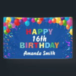 Happy 16th Birthday Colorful Balloons Blue Spandoek<br><div class="desc">Fijne 16de verjaardag kleurrijke ballonnen Confetti Blue Banner. Voor verdere aanpassing,  te klikken gelieve de knoop "van de Aanpassing het"en ons ontwerphulpmiddel te gebruiken om deze sjabloon te wijzigen.</div>